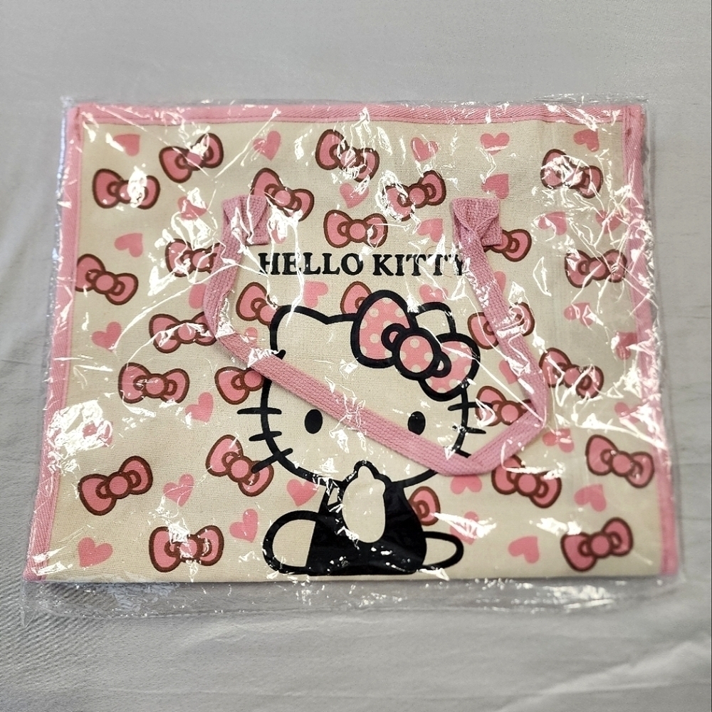 Hello Kitty Canvas Tote Bag Pink Cream Bow Print NWT